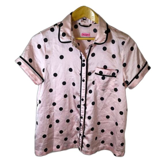 Kate Spade Pink with Black Polka Dots Satin Short Sleeve Capri Length Pajamas S - Picture 3 of 15